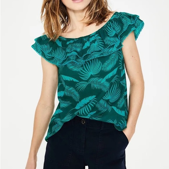 Boden Hettie Ruffle Off-Shoulder Jungle Palm Top in Teal Blue, Size 12 - Picture 1 of 10